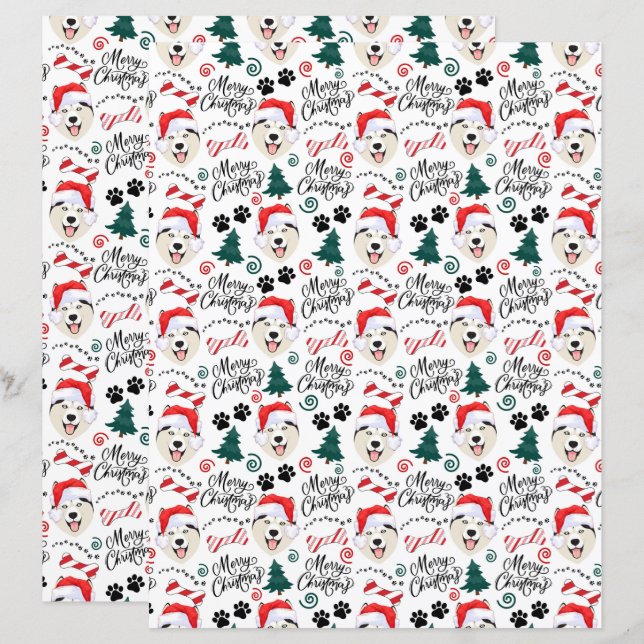 Siberische Husky Christmas Scrapbook Papier in Wit (Voorkant / Achterkant)