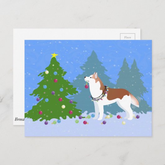 Siberische Husky die kerstbomen decoreert - bos Feestdagenkaart (Voorkant / Achterkant)