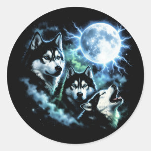 Siberische Husky die naar de Maan huilt – Nachteli Ronde Sticker
