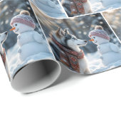 Siberische Husky die naar een sneeuwman staart Cadeaupapier (Rol Hoek)