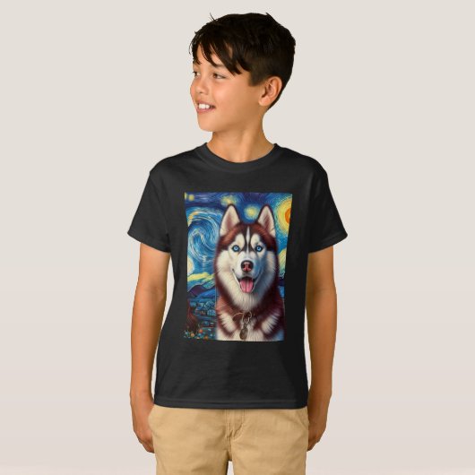 Siberische Husky Dog Art Van Gogh Sterrennacht Sib T-shirt (Voorkant volledig)