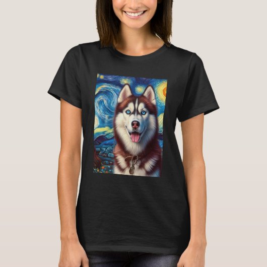 Siberische Husky Dog Art Van Gogh Sterrennacht Sib T-shirt (Voorkant)