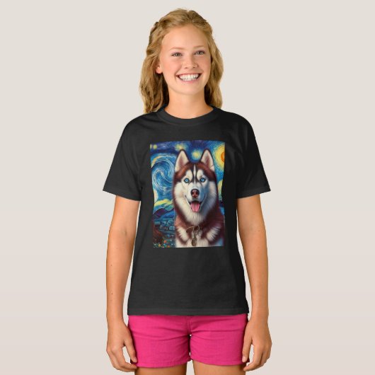 Siberische Husky Dog Art Van Gogh Sterrennacht Sib T-shirt (Voorkant volledig)