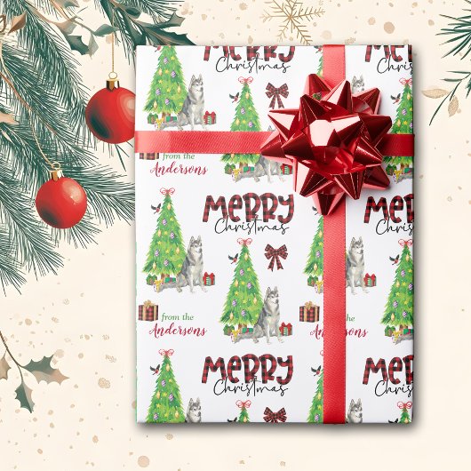 Siberische Husky Dog, Bird en Kerstboom Cadeaupapier
