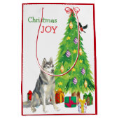 Siberische Husky Dog, Bird en Kerstboom Medium Cadeauzakje (Voorkant)