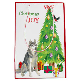 Siberische Husky Dog, Bird en Kerstboom Medium Cadeauzakje