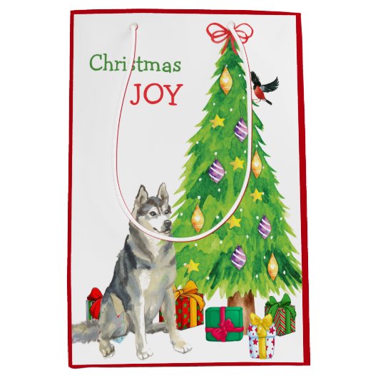 Siberische Husky Dog, Bird en Kerstboom Medium Cadeauzakje (Voorkant)