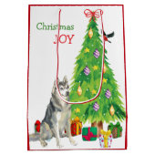 Siberische Husky Dog, Bird en Kerstboom Medium Cadeauzakje (Achterkant)