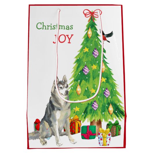 Siberische Husky Dog, Bird en Kerstboom Medium Cadeauzakje (Achterkant)