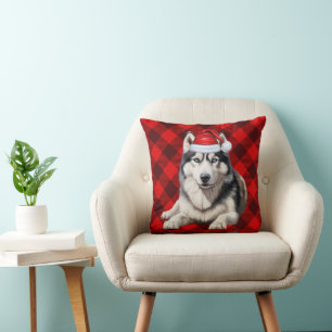 Siberische Husky Dog Buffalo Plaid Kerstvakantie Kussen