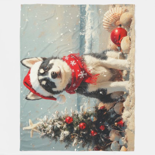 Siberische Husky Dog Christmas  Beach Fleece Deken (Voorkant)