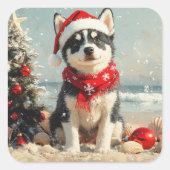Siberische Husky Dog Christmas  Beach Vierkante Sticker (Voorkant)