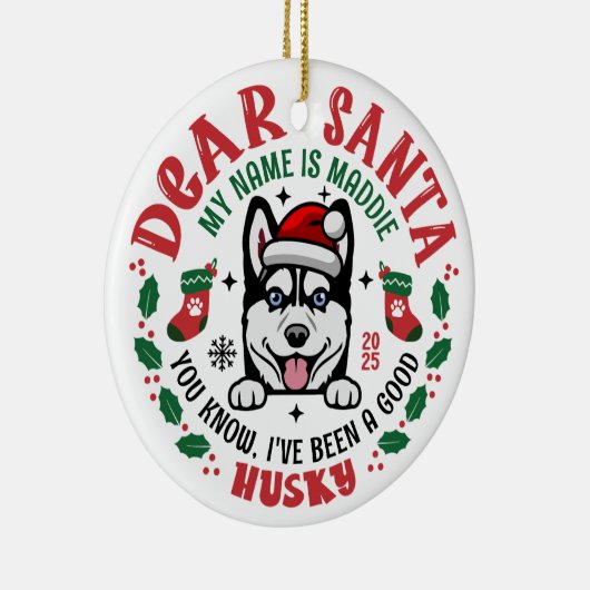 Siberische Husky Dog Custom Naam Kerstronde Keramisch Ornament (Rechts)