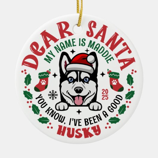 Siberische Husky Dog Custom Naam Kerstronde Keramisch Ornament (Voorkant)