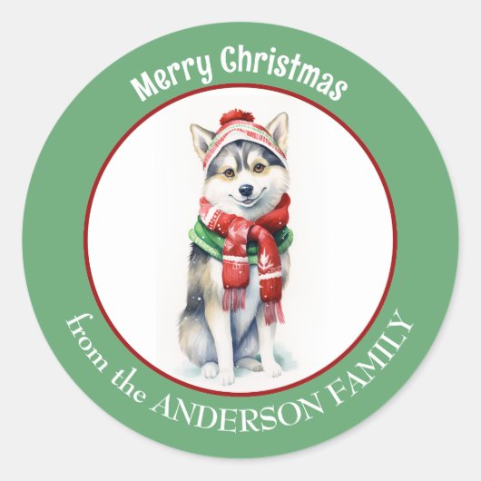 Siberische Husky Dog in Rode Kerstmis Sjaal en Pet Ronde Sticker (Voorkant)