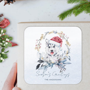 Siberische Husky Dog Red Berry Gold Krans Kerstmis Vierkante Sticker