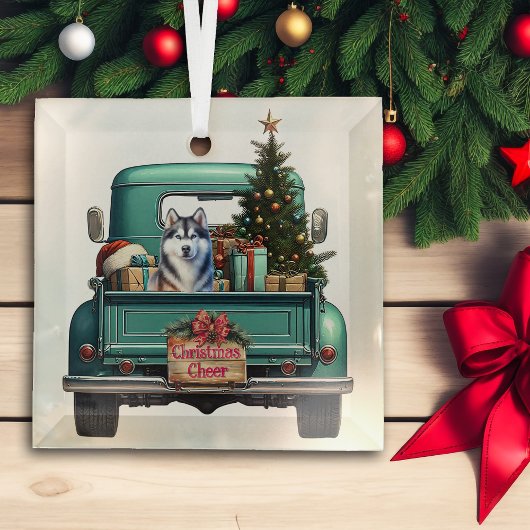 Siberische Husky Dog Retro Truck Kerstmis Glas Ornament