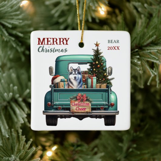 Siberische Husky Dog Retro Truck Kerstmis Keramisch Ornament (Boom)
