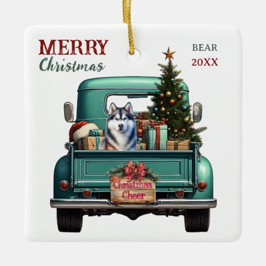 Siberische Husky Dog Retro Truck Kerstmis Keramisch Ornament (Voorkant)
