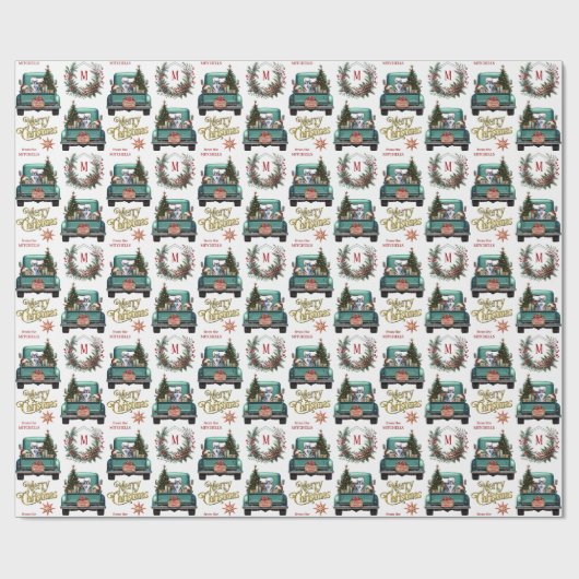 Siberische Husky Dog Retro Truck Monogram Kerstmis Cadeaupapier (Vlak)