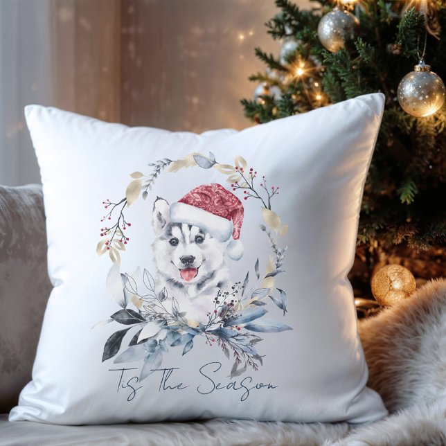 Siberische Husky Dog Santa Hat krans vakantie Kussen (Creator heeft geüpload)