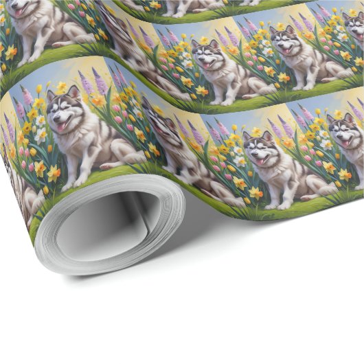 Siberische Husky Dog Spring Bloemen Schilderen Cadeaupapier (Rol Hoek)