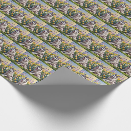Siberische Husky Dog Spring Bloemen Schilderen Cadeaupapier (Hoek)