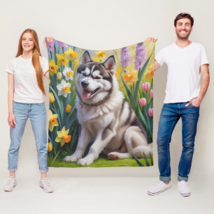 Siberische Husky Dog Spring Bloemen Schilderen Fleece Deken