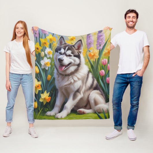 Siberische Husky Dog Spring Bloemen Schilderen Fleece Deken (In situ)