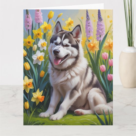 Siberische Husky Dog Spring Bloemen Schilderen Kaart (Voorkant)