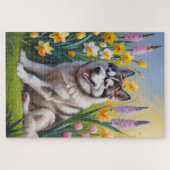 Siberische Husky Dog Spring Bloemen Schilderen Legpuzzel (Horizontaal)