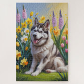 Siberische Husky Dog Spring Bloemen Schilderen Legpuzzel (Verticaal)