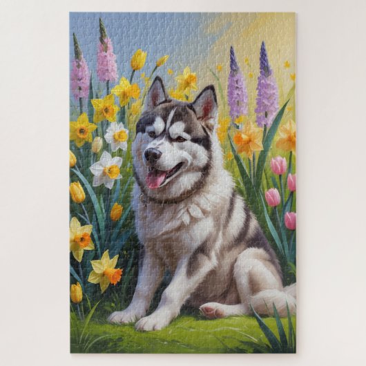 Siberische Husky Dog Spring Bloemen Schilderen Legpuzzel (Verticaal)