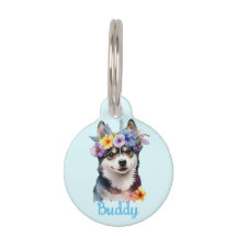 Siberische husky Dog Waterverf Bloem Ronde Pet Tag