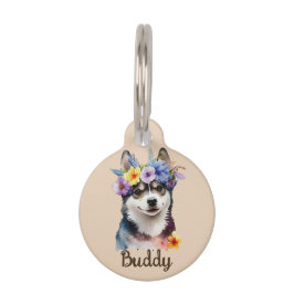 Siberische Husky Dog Waterverf Bloem Ronde Pet Tag Huisdierpenning