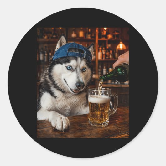 Siberische Husky Drinkt Bier Grappige Hond Meme Ronde Sticker (Voorkant)