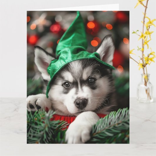 Siberische Husky Elf Puppy Kerst Kaart (Gele Bloem)