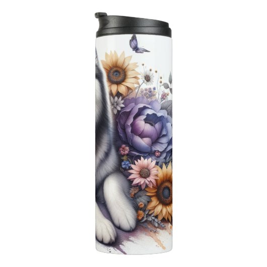 Siberische Husky Floral Fantasy Thermosbeker (Geroteerd rechts)