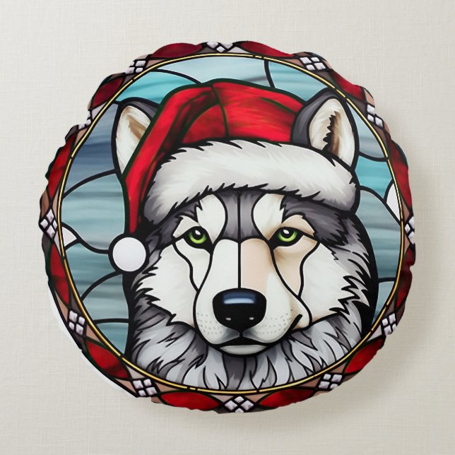 Siberische Husky Gebrandschilderd Glas Kerstmis Rond Kussen (Voorkant)