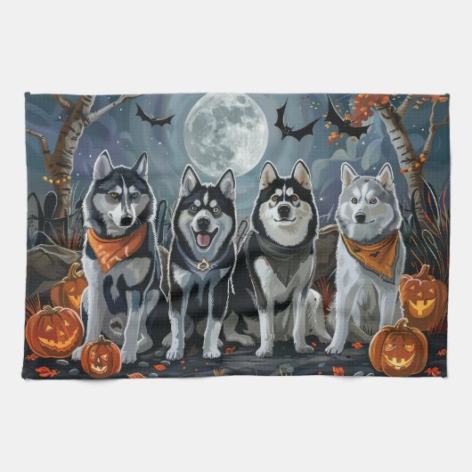 Siberische Husky Halloween Spokengeest Theedoek (Horizontaal)