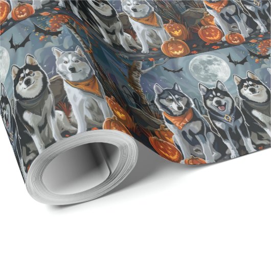 Siberische Husky Halloween Spooky Cadeaupapier (Rol Hoek)