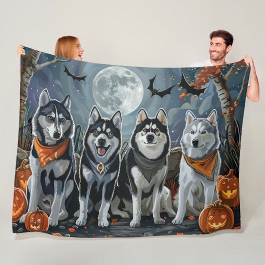 Siberische Husky Halloween Spooky Fleece Deken (In situ)