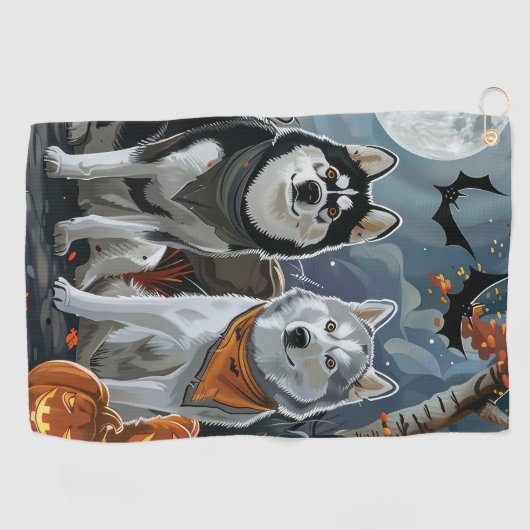 Siberische Husky Halloween Spooky Golfhanddoek (Horizontaal)