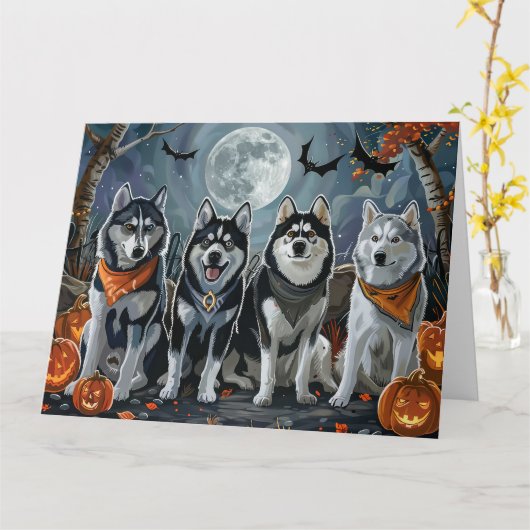 Siberische Husky Halloween Spooky Kaart (Gele Bloem)