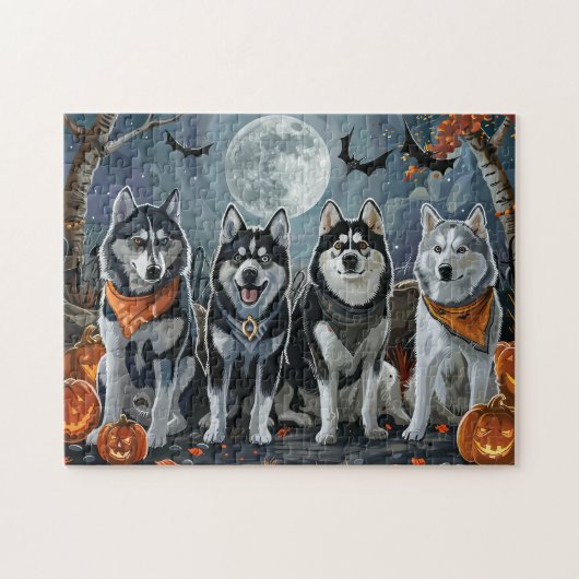 Siberische Husky Halloween Spooky Legpuzzel (Horizontaal)