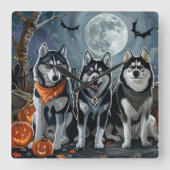 Siberische Husky Halloween Spooky Vierkante Klok (Voorkant)