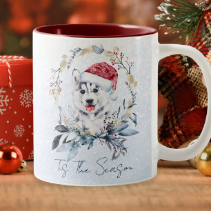 Siberische Husky hond Blauw Gouden Krans Kerstmis Tweekleurige Koffiemok