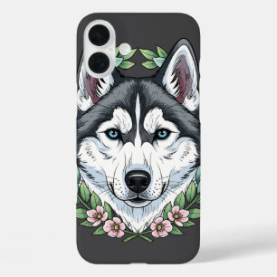 Siberische Husky-hond en berglaurierbloemen iPhone 16 Plus Hoesje