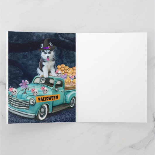 Siberische Husky Hond Halloween Truck Schrik Nacht Kaart (Binnen)