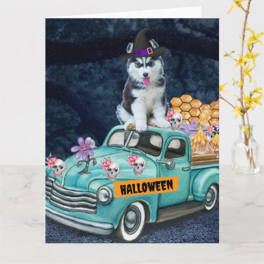 Siberische Husky Hond Halloween Truck Schrik Nacht Kaart (Gele Bloem)